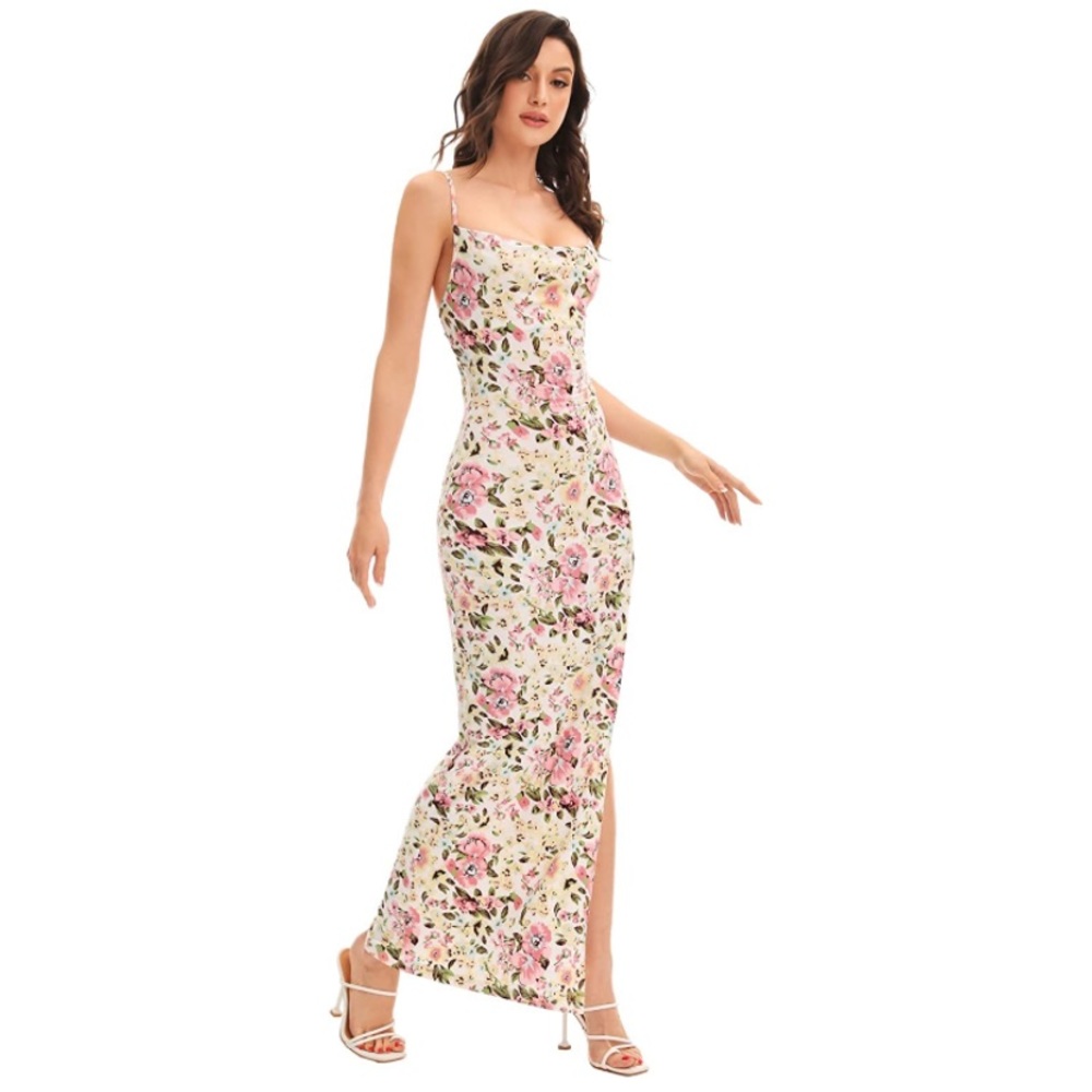 Floral Bodycon Maxi Dress with High Slit